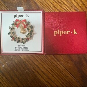 Piper K Festive Wreath Brooch with Red Bow and Gold Bell